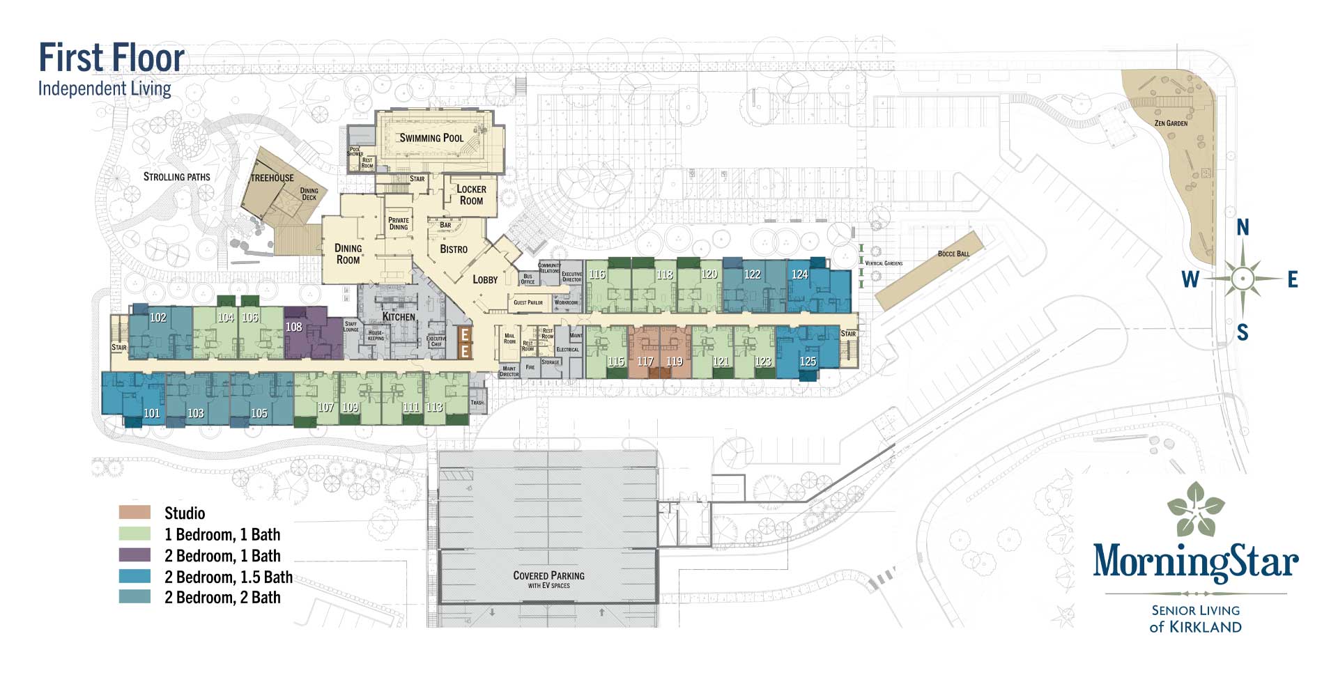 Floor plan of the first floor at MorningStar Senior Living Kirkland, showcasing color-coded studio, 1- and 2-bedroom apartments, dining room, lobby, common areas, parking lot, and outdoor spaces for vibrant retirement living.